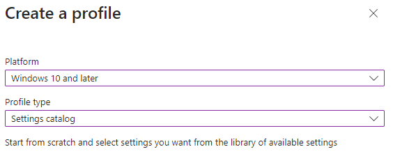 Creating a new Settings catalog configuration profile in Intune